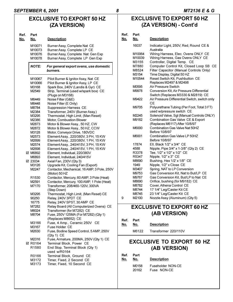 Exclusive to export 50 hz (za version) - cont'd, Exclusive to export 60 hz (ab version), Exclusive to export 50 hz (ab version) | Exclusive to export 50 hz (za version) | Blodgett MT2136 G User Manual | Page 8 / 8