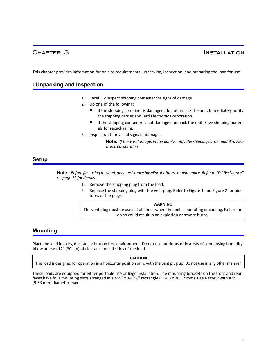 Chapter 3 installation, Uunpacking and inspection, Setup | Mounting, Uunpacking and inspection setup mounting | Bird Technologies 8860 Series User Manual | Page 15 / 30