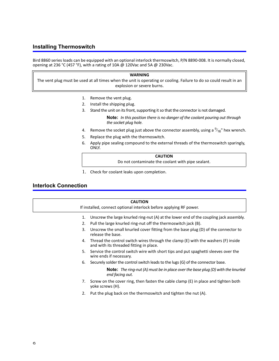 Installing thermoswitch, Interlock connection, Installing thermoswitch interlock connection | Bird Technologies 8860 Series User Manual | Page 16 / 30