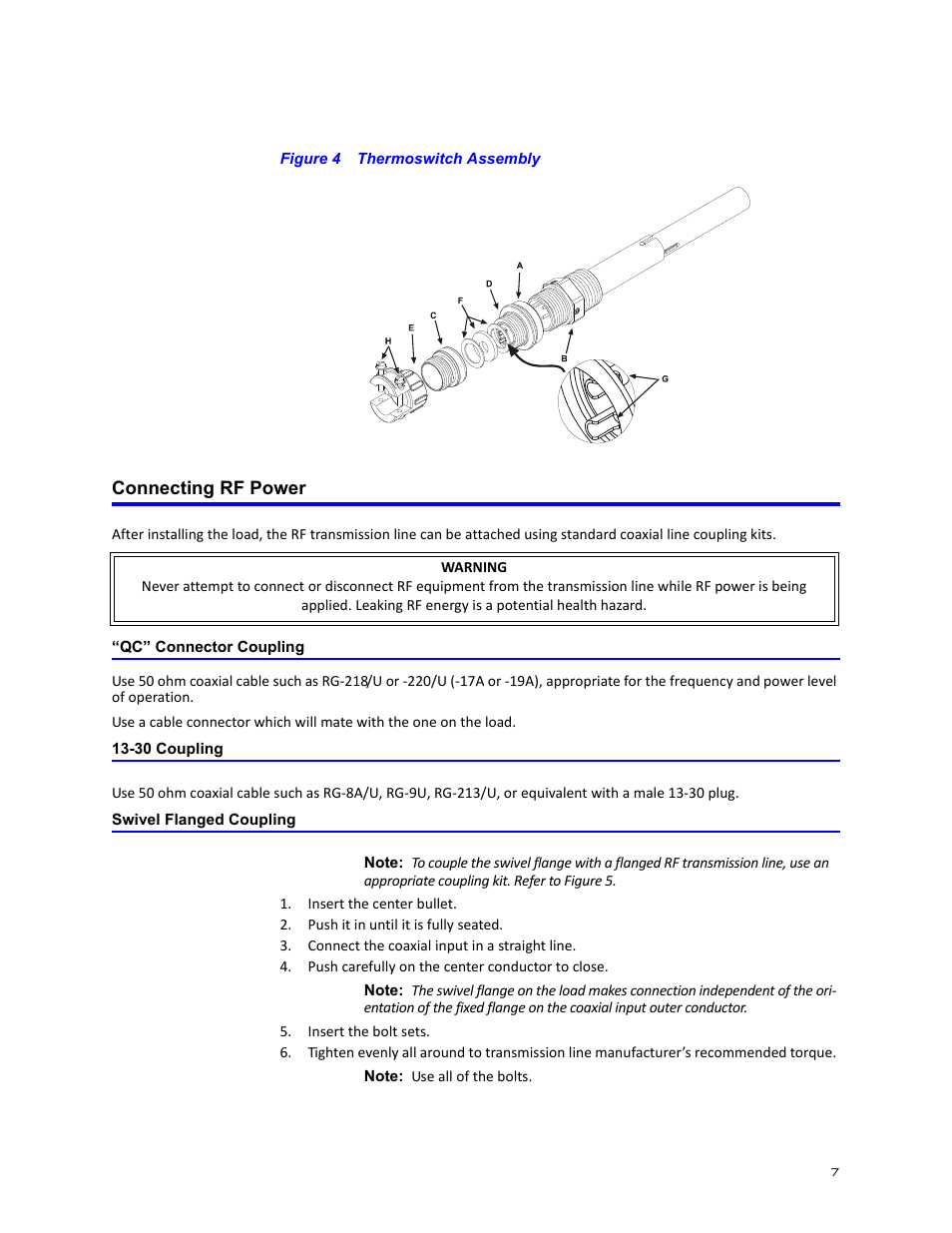 Figure 4 thermoswitch assembly, Connecting rf power, Qc” connector coupling | 30 coupling, Swivel flanged coupling, S 7, 9, 11 | Bird Technologies 8860 Series User Manual | Page 17 / 30