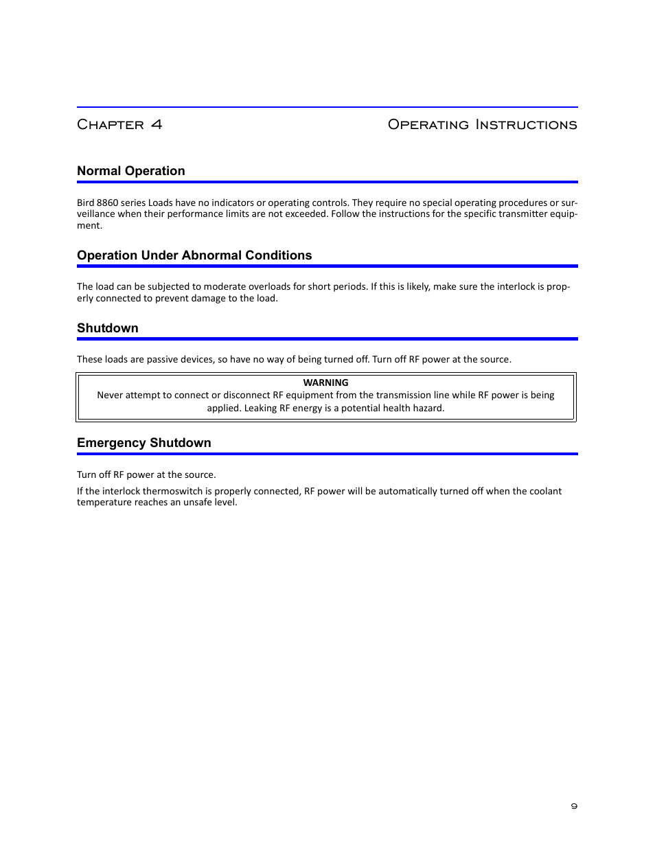 Chapter 4 operating instructions, Normal operation, Operation under abnormal conditions | Shutdown, Emergency shutdown | Bird Technologies 8860 Series User Manual | Page 19 / 30