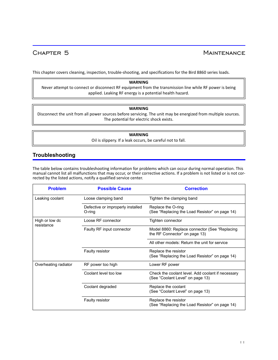 Chapter 5 maintenance, Troubleshooting, And 12 | S 11, S 11, 12 | Bird Technologies 8860 Series User Manual | Page 21 / 30