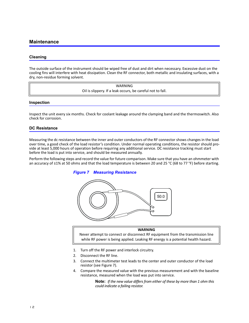 Maintenance, Cleaning, Inspection | Dc resistance, Figure 7 measuring resistance, 13, and 1, Cleaning inspection dc resistance | Bird Technologies 8860 Series User Manual | Page 22 / 30