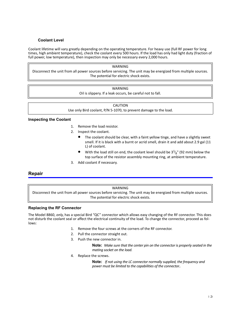 Inspecting the coolant, Repair, Replacing the rf connector | S 13 | Bird Technologies 8860 Series User Manual | Page 23 / 30