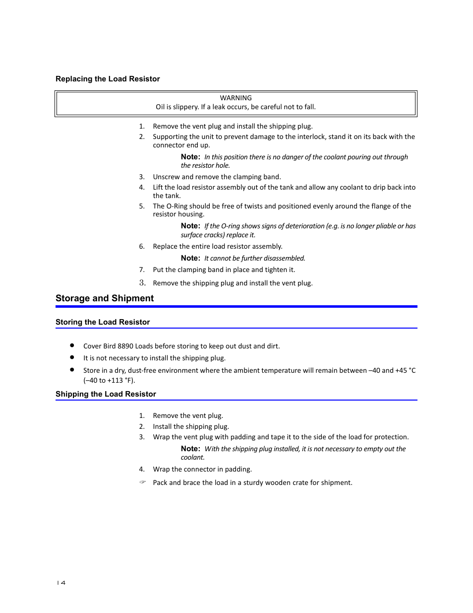 Replacing the load resistor, Storage and shipment, Storing the load resistor | Shipping the load resistor | Bird Technologies 8860 Series User Manual | Page 24 / 30