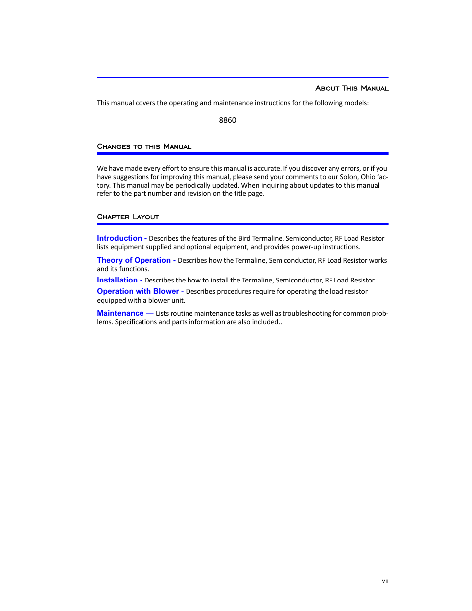About this manual, Changes to this manual, Chapter layout | Bird Technologies 8860 Series User Manual | Page 9 / 30