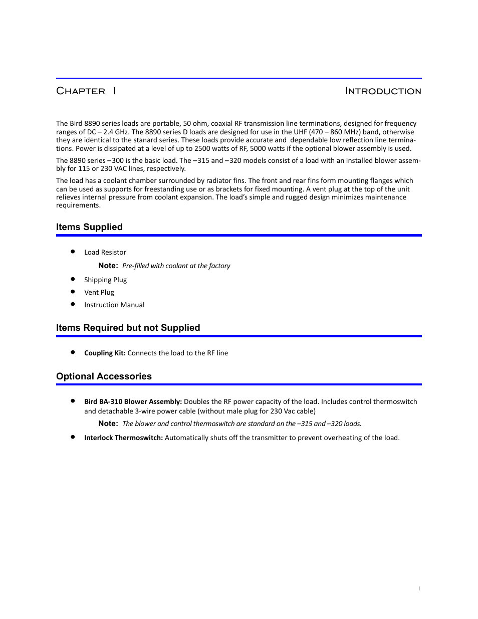 Chapter 1 introduction, Items supplied, Items required but not supplied | Optional accessories | Bird Technologies 8890-320 Series User Manual | Page 13 / 36