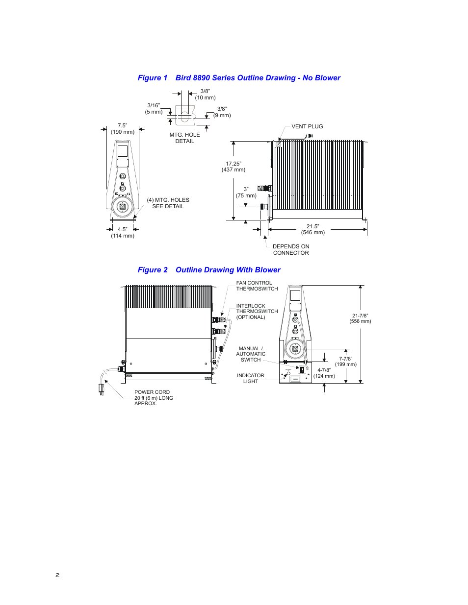 Figure 2 outline drawing with blower | Bird Technologies 8890-320 Series User Manual | Page 14 / 36