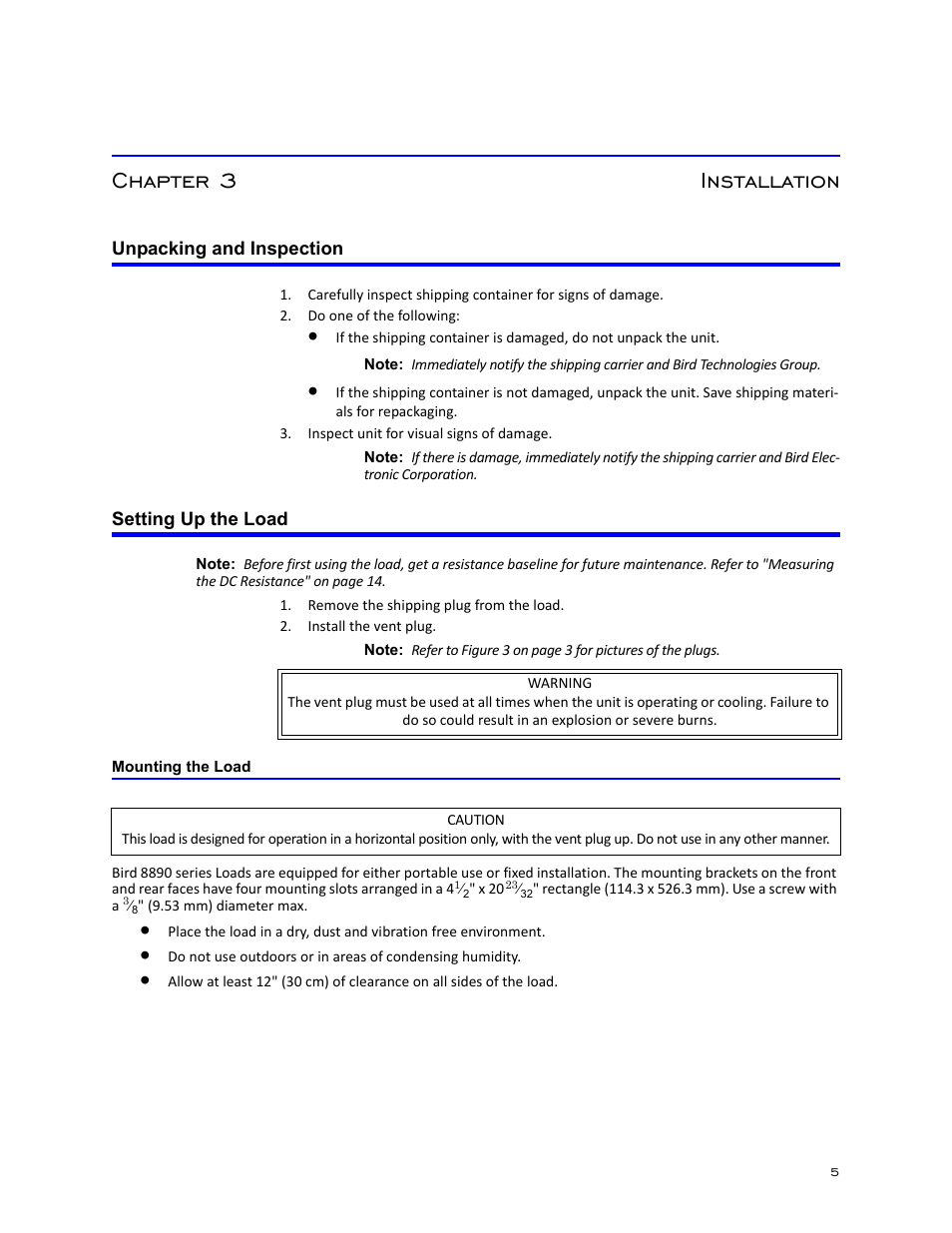 Chapter 3 installation, Unpacking and inspection, Setting up the load | Mounting the load, Unpacking and inspection setting up the load | Bird Technologies 8890-320 Series User Manual | Page 17 / 36