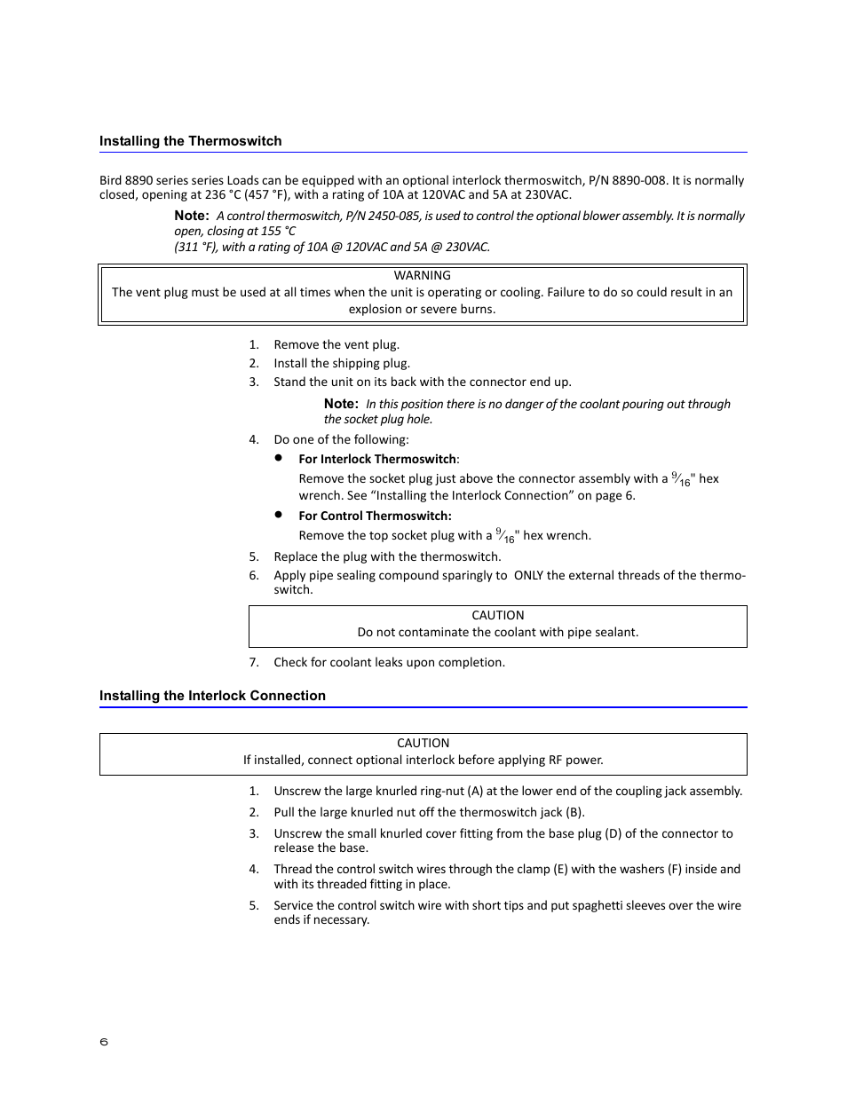 Installing the thermoswitch, Installing the interlock connection | Bird Technologies 8890-320 Series User Manual | Page 18 / 36