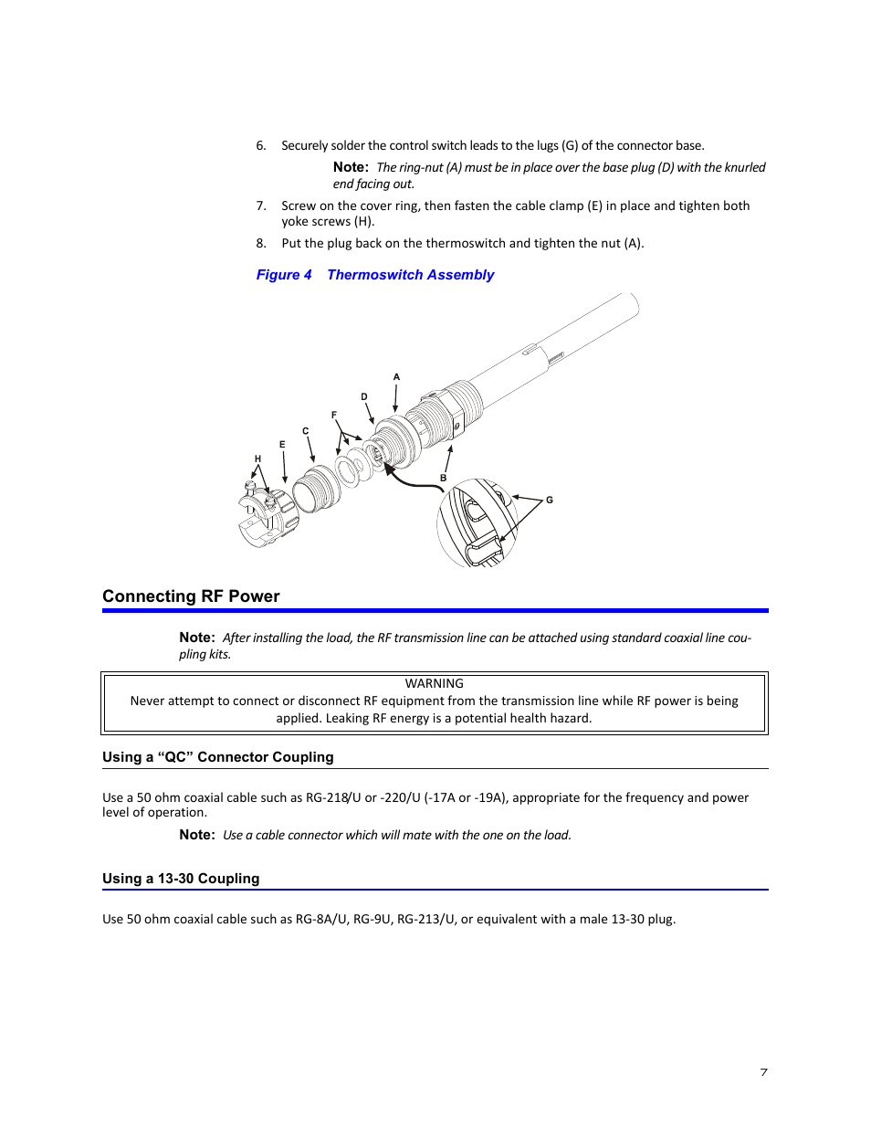 Figure 4 thermoswitch assembly, Connecting rf power, Using a “qc” connector coupling | Using a 13-30 coupling | Bird Technologies 8890-320 Series User Manual | Page 19 / 36