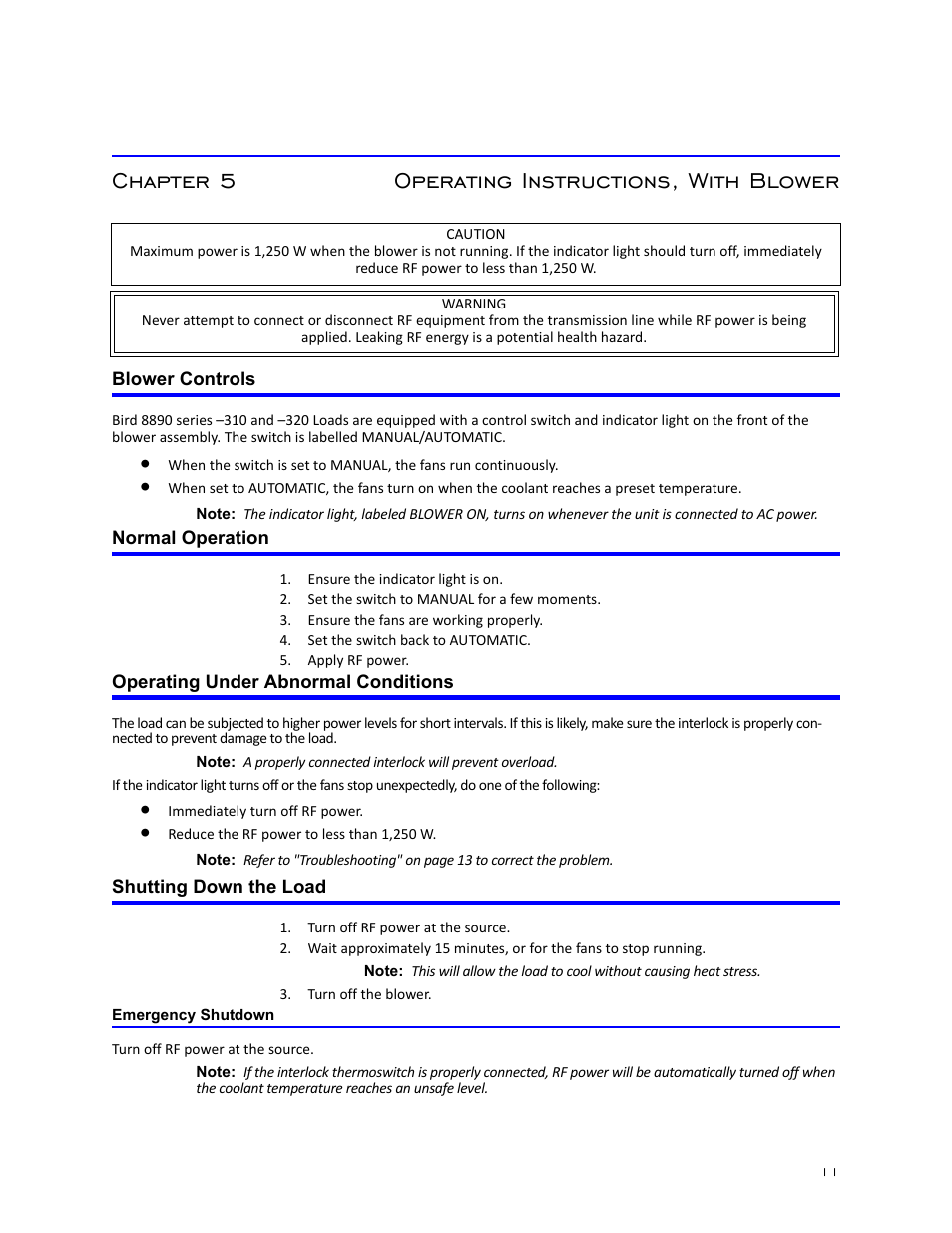 Chapter 5 operating instructions, with blower, Blower controls, Normal operation | Operating under abnormal conditions, Shutting down the load, Emergency shutdown | Bird Technologies 8890-320 Series User Manual | Page 23 / 36