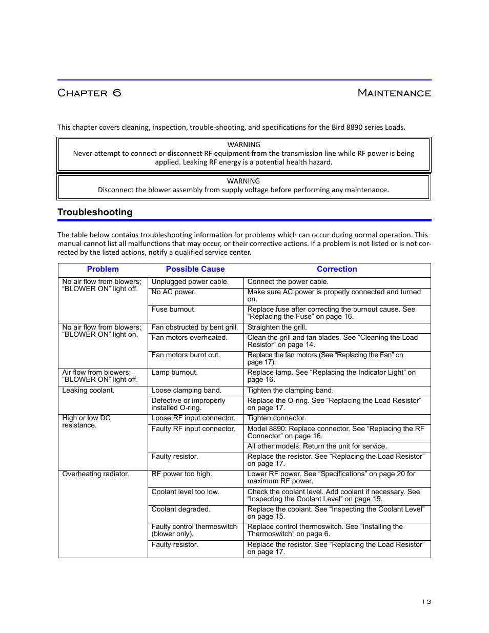 Chapter 6 maintenance, Troubleshooting, And 14 | Bird Technologies 8890-320 Series User Manual | Page 25 / 36