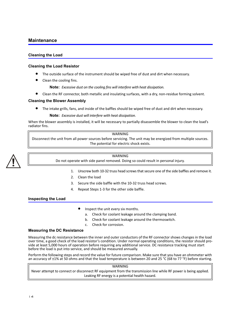 Maintenance, Cleaning the load, Cleaning the load resistor | Cleaning the blower assembly, Inspecting the load, Measuring the dc resistance, Es. see “cleaning the load | Bird Technologies 8890-320 Series User Manual | Page 26 / 36