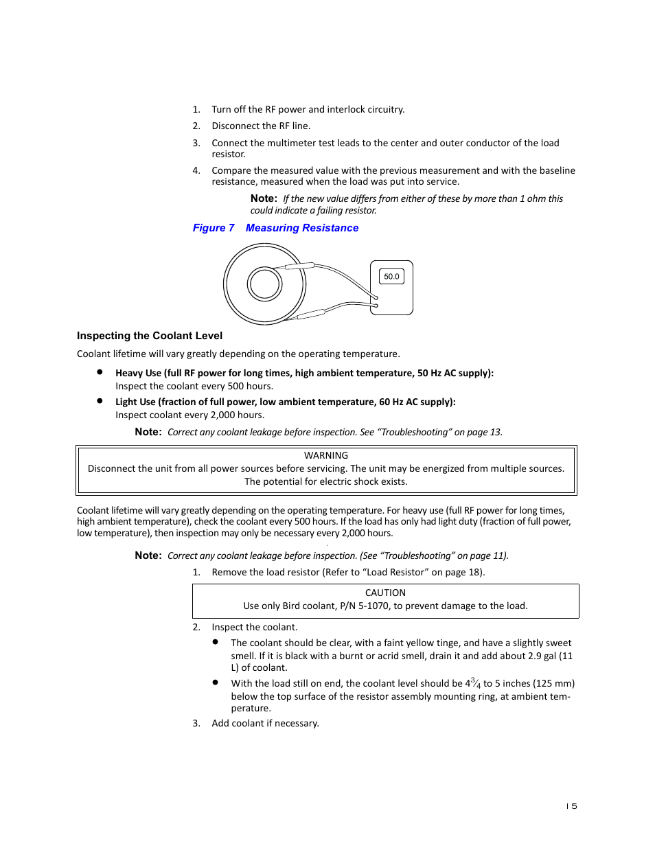 Figure 7 measuring resistance, Inspecting the coolant level, Ant. see “inspecting the coolant level | Bird Technologies 8890-320 Series User Manual | Page 27 / 36