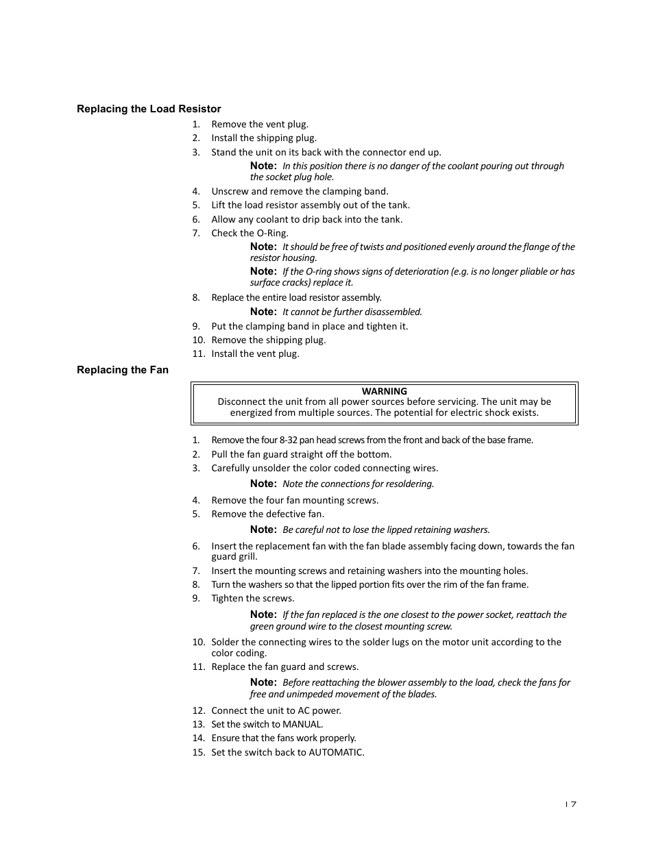 Replacing the load resistor, Replacing the fan, And 17 | Replacing the load resistor replacing the fan, Tors (see “replacing the fan” on, See “replacing the load resistor | Bird Technologies 8890-320 Series User Manual | Page 29 / 36