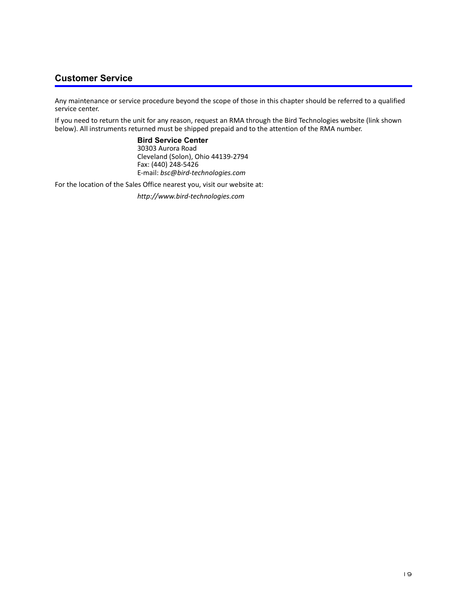 Customer service | Bird Technologies 8890-320 Series User Manual | Page 31 / 36