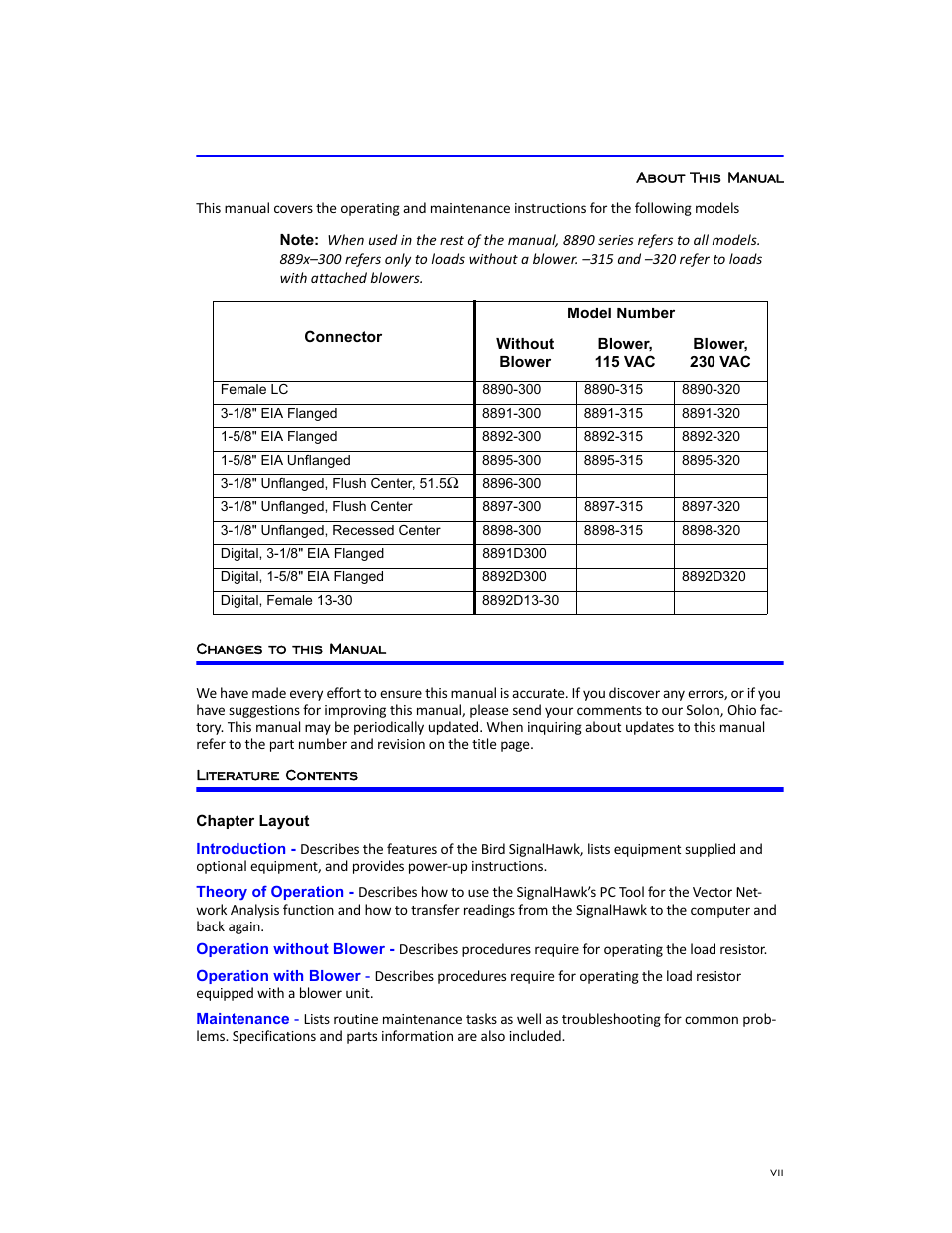 About this manual, Changes to this manual, Literature contents | Chapter layout | Bird Technologies 8890-320 Series User Manual | Page 9 / 36