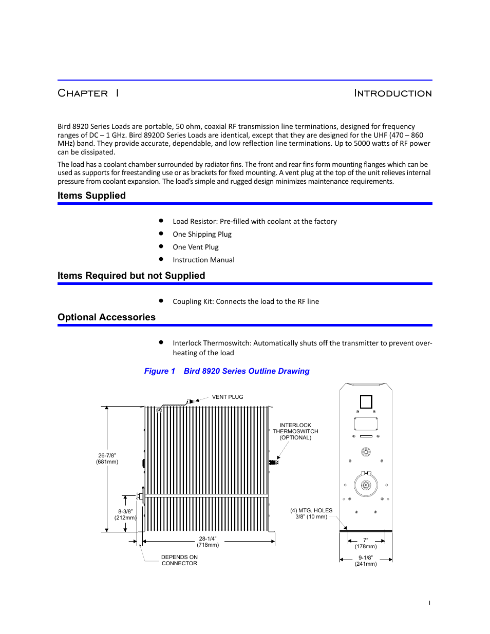 Chapter 1 introduction, Items supplied, Items required but not supplied | Optional accessories, Figure 1 bird 8920 series outline drawing | Bird Technologies 8920 Series User Manual | Page 11 / 30