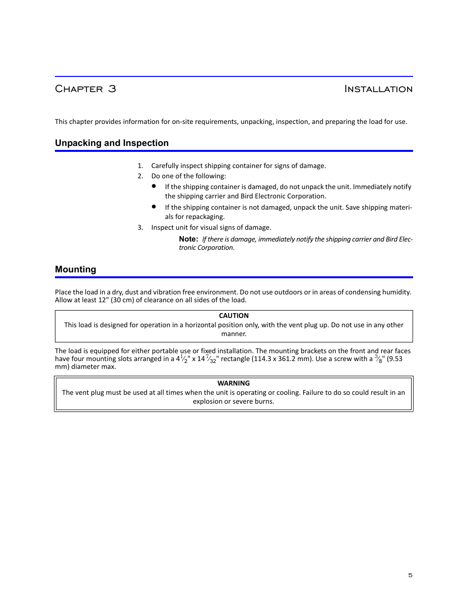 Chapter 3 installation, Unpacking and inspection, Mounting | Unpacking and inspection mounting | Bird Technologies 8920 Series User Manual | Page 15 / 30