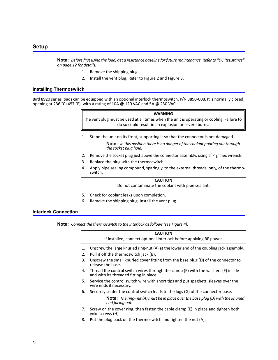 Setup, Installing thermoswitch, Interlock connection | Installing thermoswitch interlock connection | Bird Technologies 8920 Series User Manual | Page 16 / 30