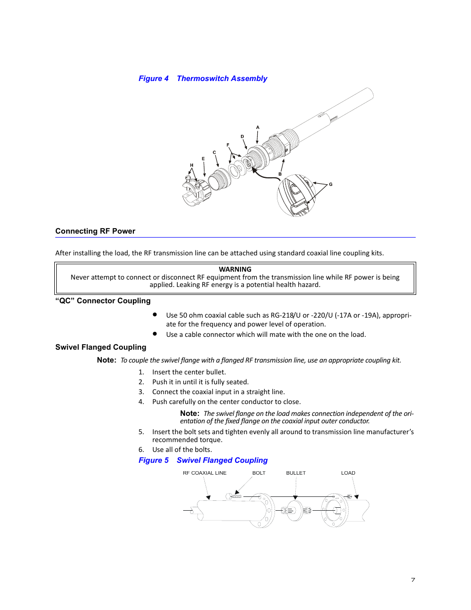 Figure 4 thermoswitch assembly, Connecting rf power, Qc” connector coupling | Swivel flanged coupling, Figure 5 swivel flanged coupling, Qc” connector coupling swivel flanged coupling | Bird Technologies 8920 Series User Manual | Page 17 / 30