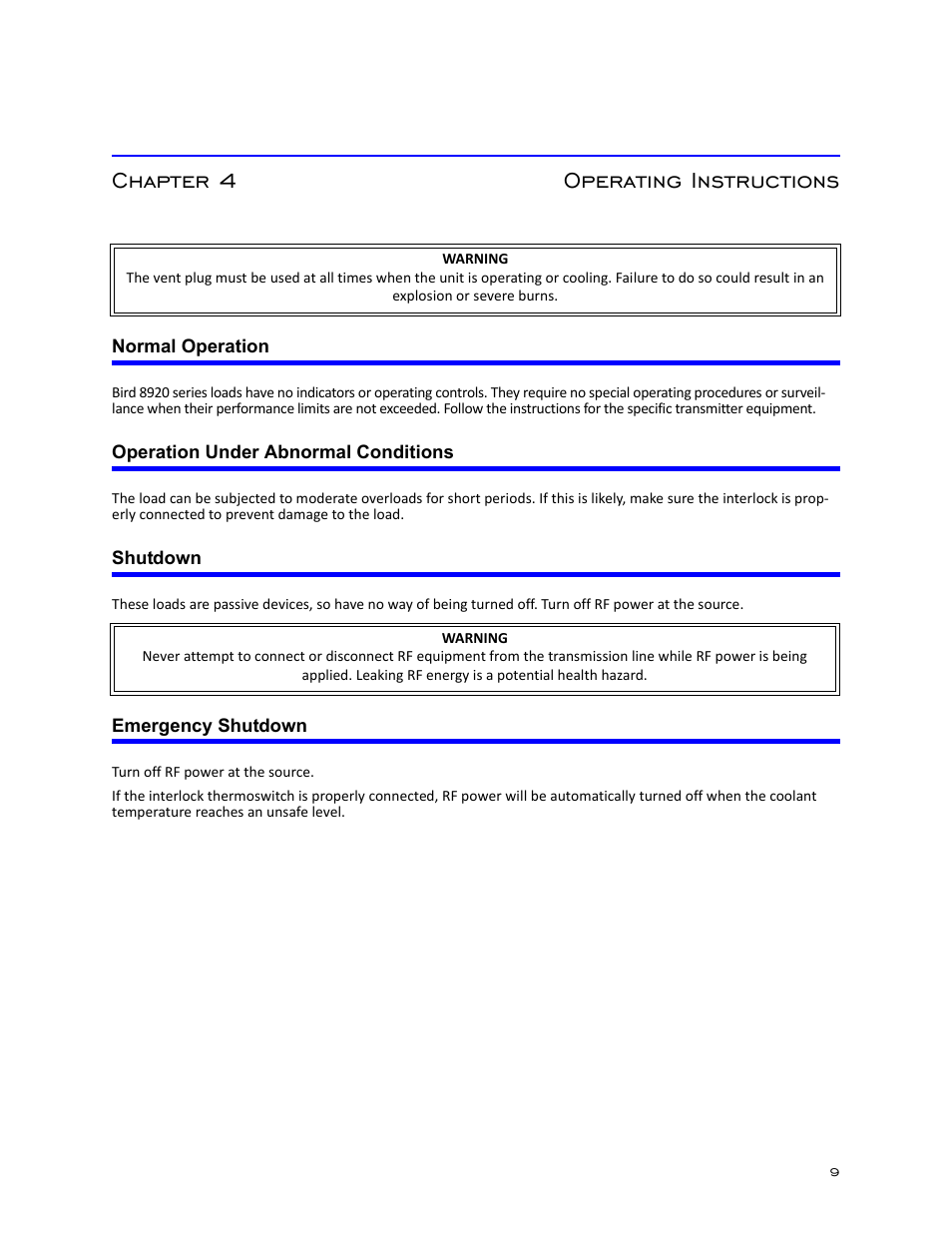 Chapter 4 operating instructions, Normal operation, Operation under abnormal conditions | Shutdown, Emergency shutdown | Bird Technologies 8920 Series User Manual | Page 19 / 30