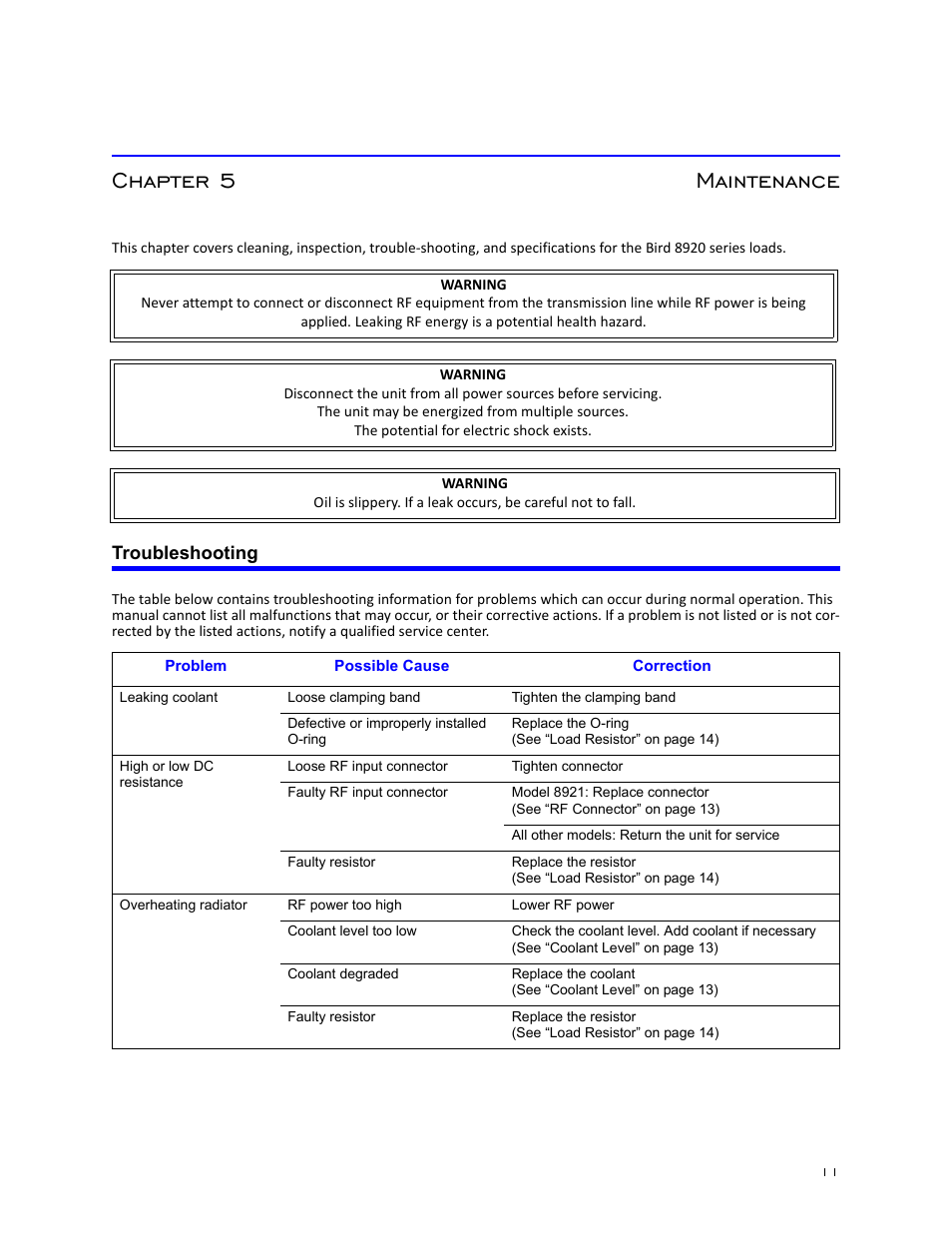 Chapter 5 maintenance, Troubleshooting | Bird Technologies 8920 Series User Manual | Page 21 / 30