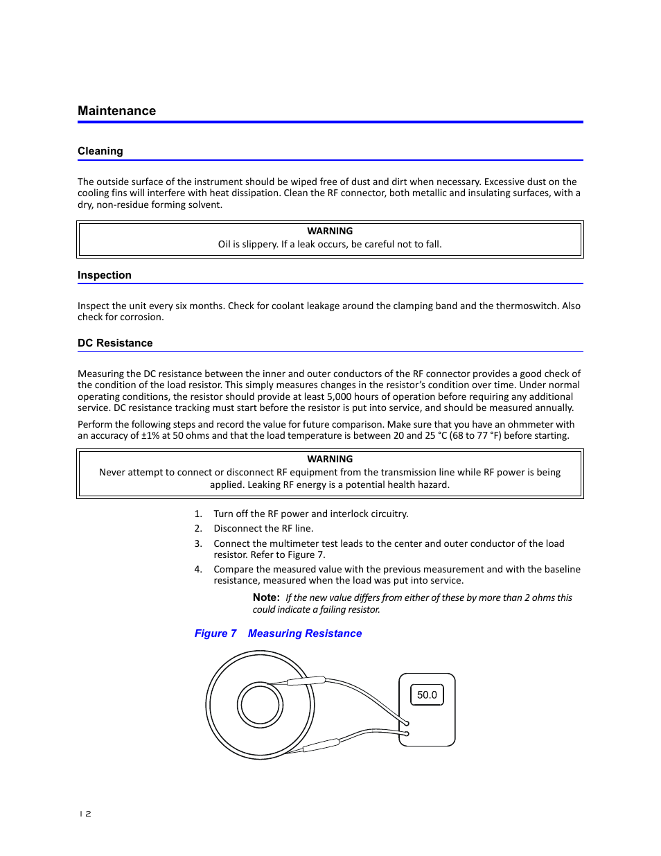 Maintenance, Cleaning, Inspection | Dc resistance, Figure 7 measuring resistance, Cleaning inspection dc resistance | Bird Technologies 8920 Series User Manual | Page 22 / 30
