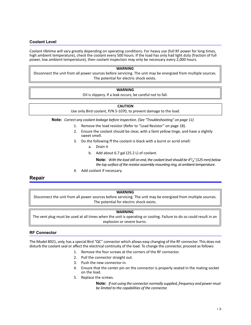 Coolant level, Repair, Rf connector | Bird Technologies 8920 Series User Manual | Page 23 / 30