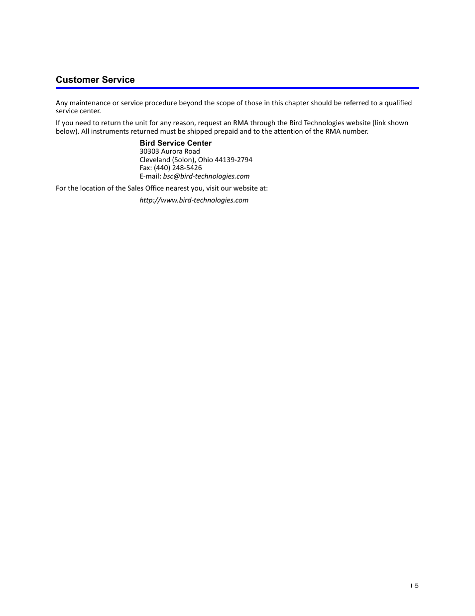 Customer service | Bird Technologies 8920 Series User Manual | Page 25 / 30