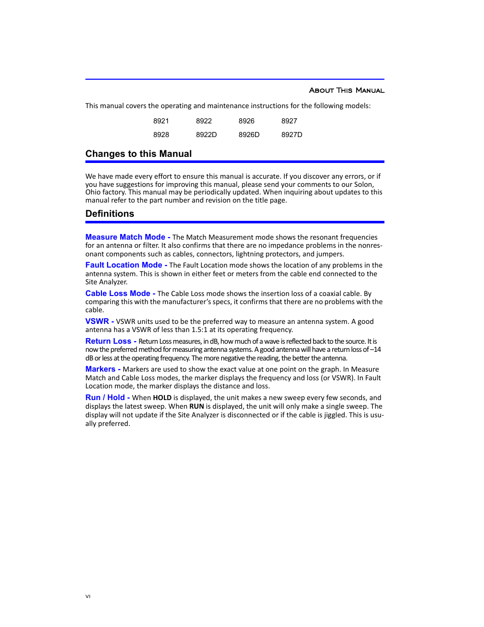About this manual, Changes to this manual, Definitions | Bird Technologies 8920 Series User Manual | Page 8 / 30