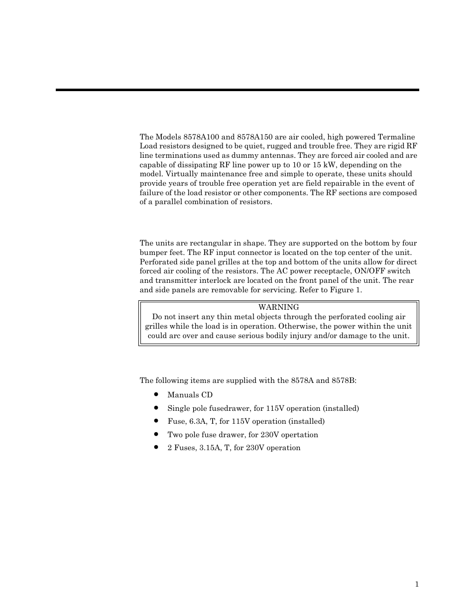 Chapter 1 introduction, General, Description | Items supplied, General description items supplied | Bird Technologies 8578B150 Series User Manual | Page 13 / 33