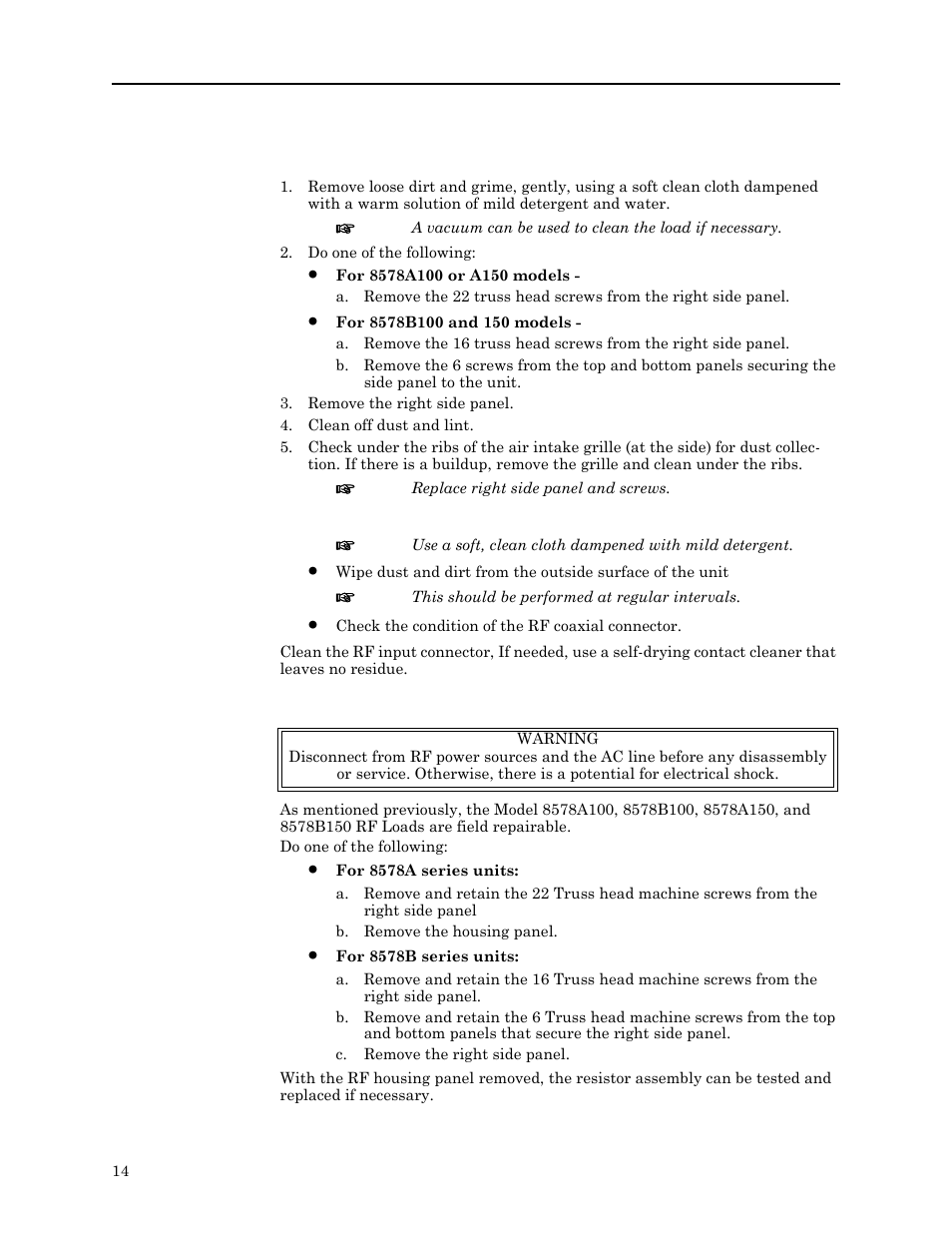 Cleaning the instrument housing and panels, Cleaning the connector and outside surface, Disassembling the enclosure | Bird Technologies 8578B150 Series User Manual | Page 26 / 33