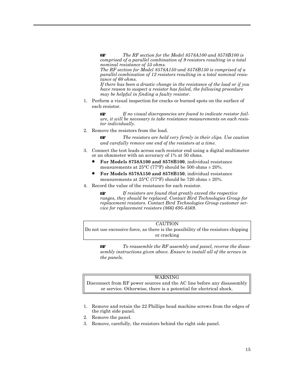 Diagnosing the rf assembly, Replacing the resistors, Replacing the blower assembly | Motor blower assembly replacement, 8578a series, D 15, Diagnosing the rf assembly replacing the resistors, Motor blower assembly replacement | Bird Technologies 8578B150 Series User Manual | Page 27 / 33
