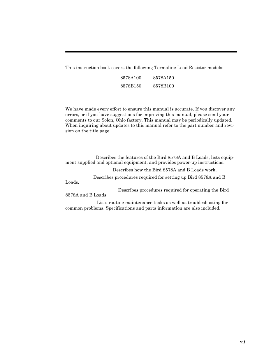 Changes to this manual, Literature contents, Chapter layout | About this manual | Bird Technologies 8578B150 Series User Manual | Page 9 / 33