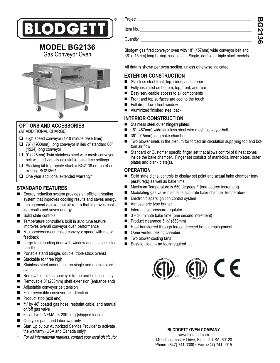 Blodgett BG2136 User Manual | 2 pages