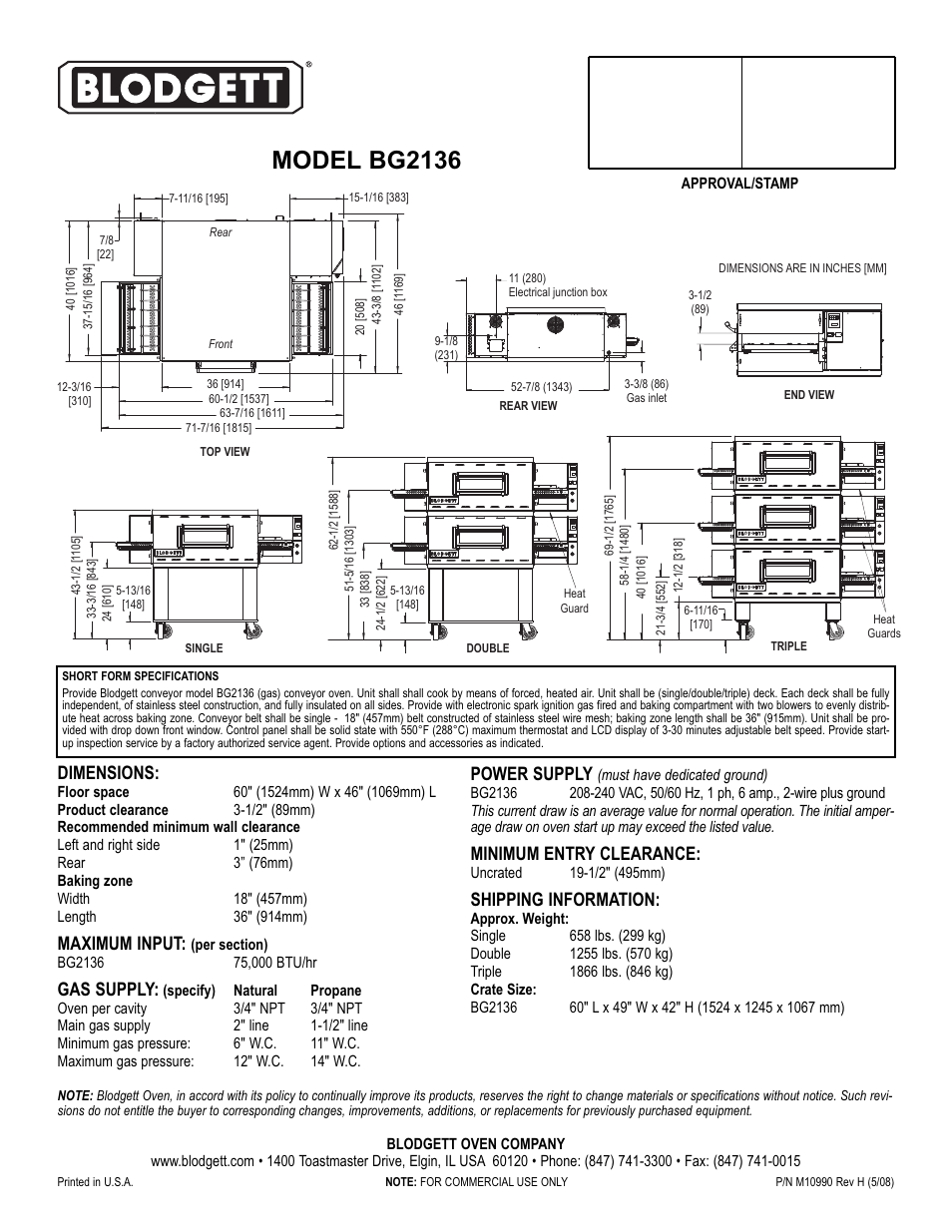 Model bg2136, Power supply, Minimum entry clearance | Shipping information, Dimensions, Maximum input, Gas supply | Blodgett BG2136 User Manual | Page 2 / 2