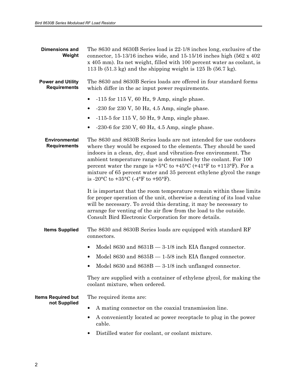 Dimensions and weight, Power and utility requirements, Environmental requirements | Items supplied, Items required but not supplied | Bird Technologies 8630B Series User Manual | Page 18 / 62