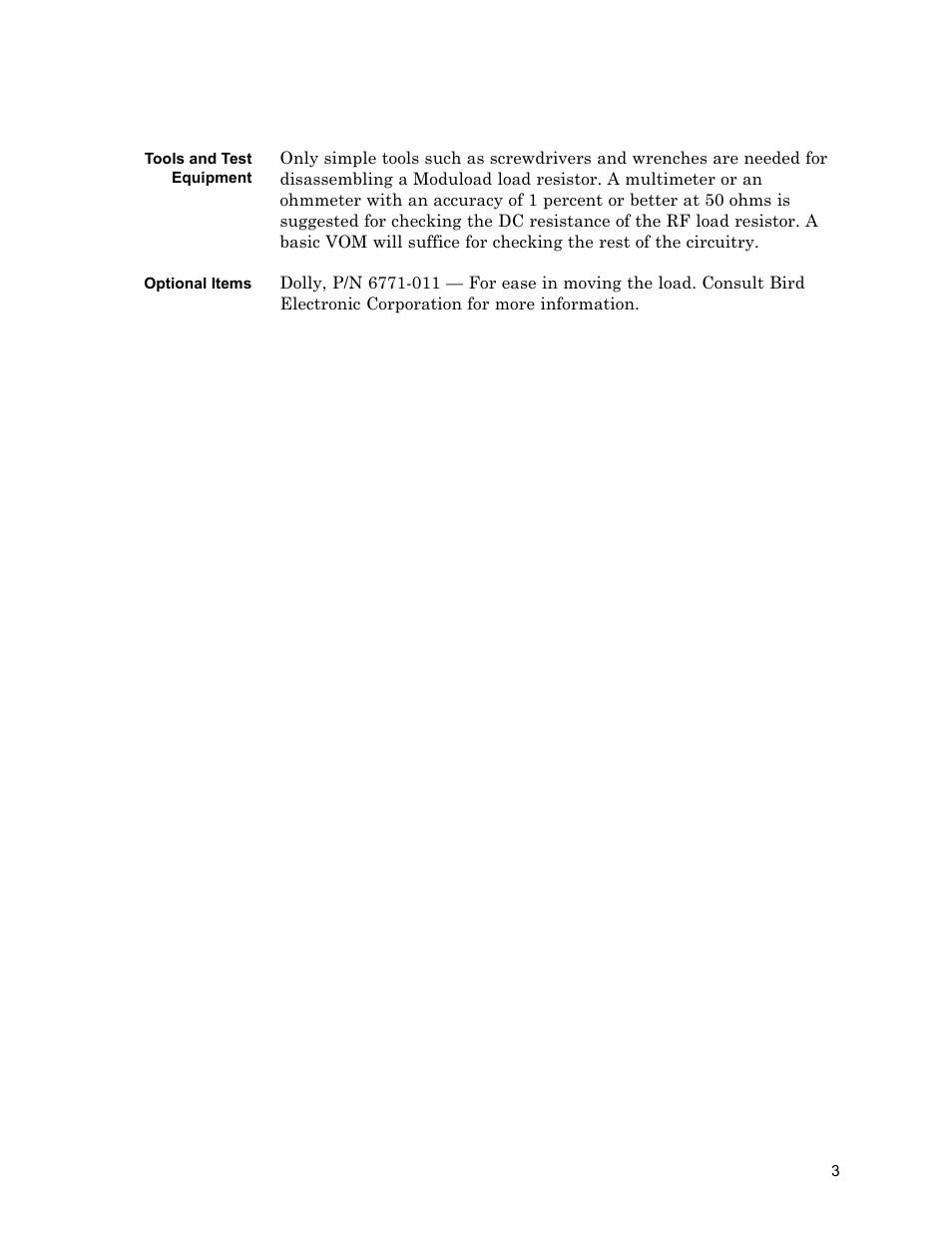 Tools and test equipment, Optional items, Tools and test equipment optional items | Bird Technologies 8630B Series User Manual | Page 19 / 62