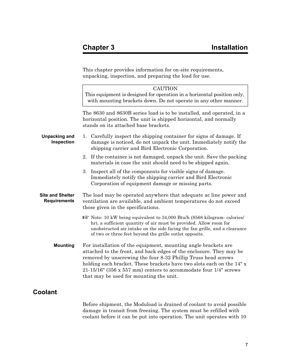 Chapter 3 installation, Unpacking and inspection, Site and shelter requirements | Mounting, Coolant, D chapter 3 - installation, Installation | Bird Technologies 8630B Series User Manual | Page 23 / 62