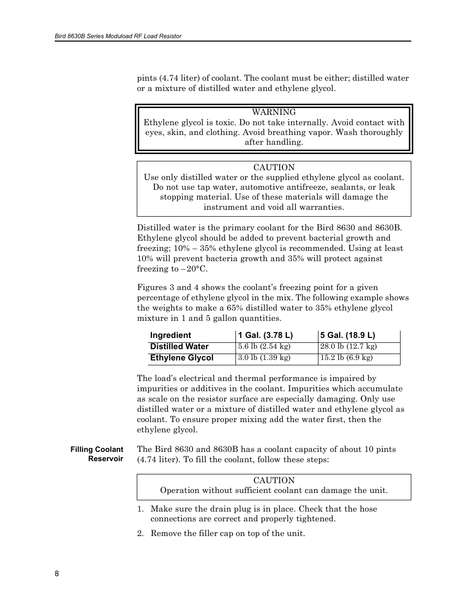 Filling coolant reservoir | Bird Technologies 8630B Series User Manual | Page 24 / 62