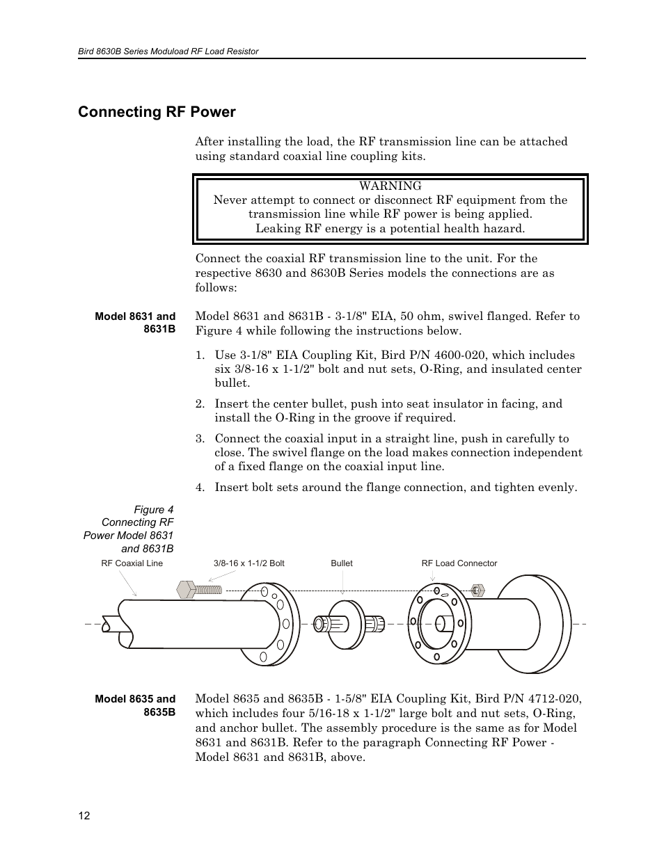 Connecting rf power, Model 8631 and 8631b, Model 8635 and 8635b | Model 8631 and 8631b model 8635 and 8635b | Bird Technologies 8630B Series User Manual | Page 28 / 62