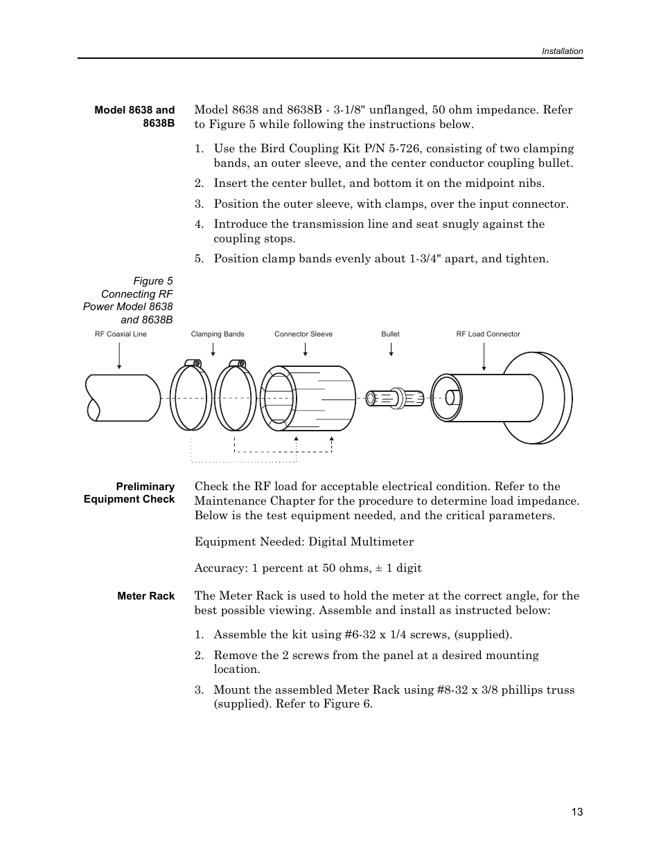 Model 8638 and 8638b, Preliminary equipment check, Meter rack | Preliminary equipment check meter rack | Bird Technologies 8630B Series User Manual | Page 29 / 62