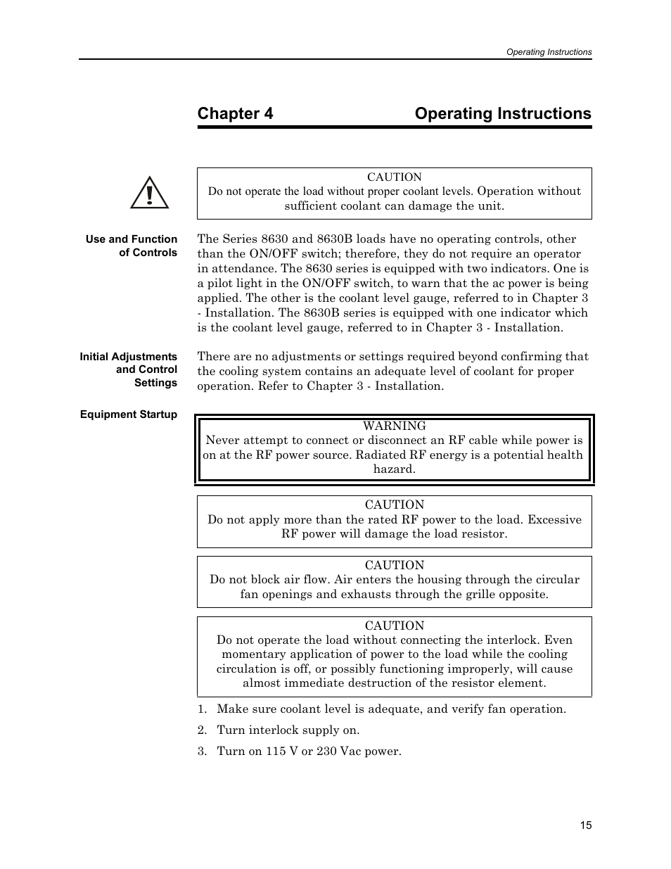 Chapter 4 operating instructions, Use and function of controls, Initial adjustments and control settings | Equipment startup, Chapter 4 - operating instructions. all inst, Operating instructions | Bird Technologies 8630B Series User Manual | Page 31 / 62
