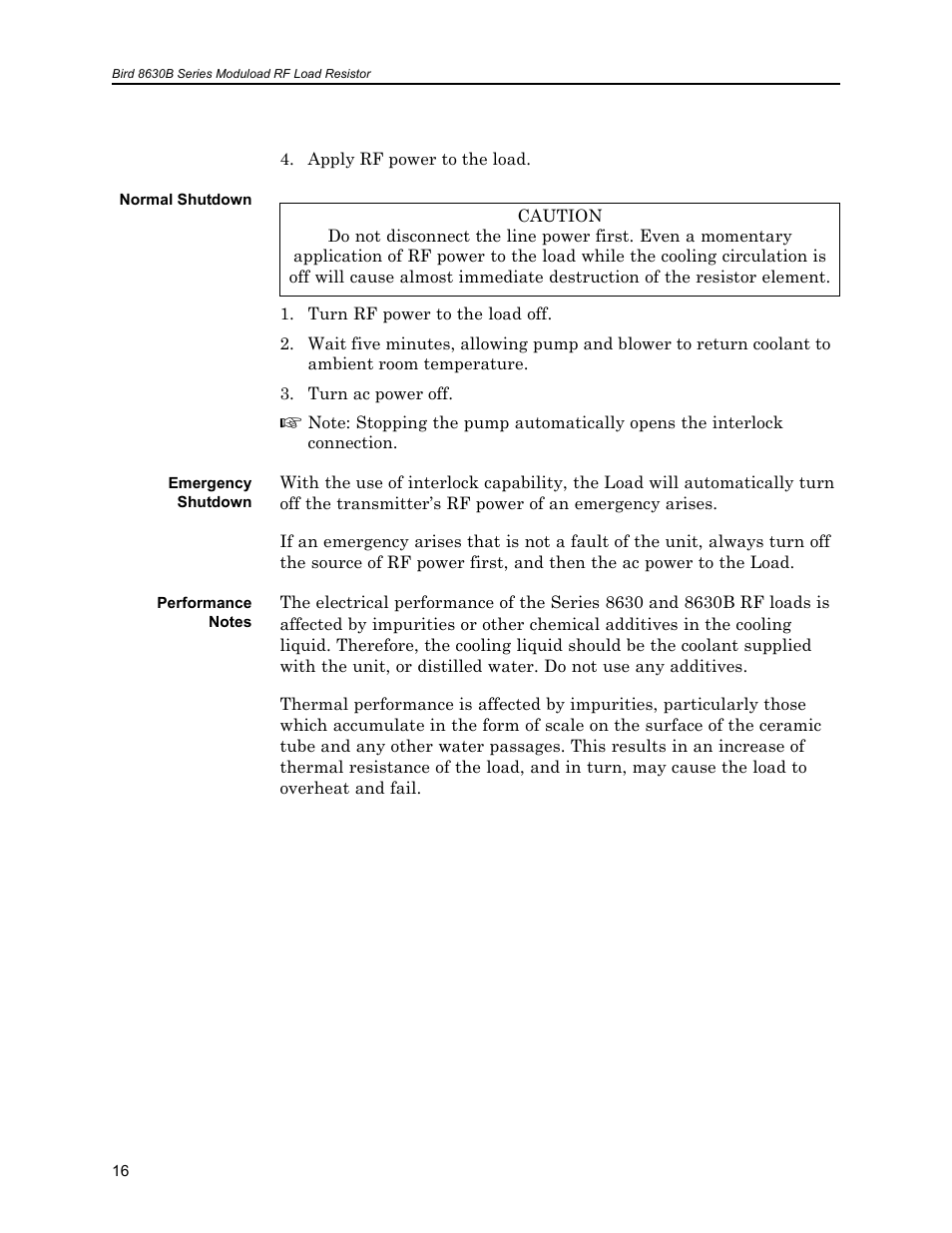 Normal shutdown, Emergency shutdown, Performance notes | Bird Technologies 8630B Series User Manual | Page 32 / 62