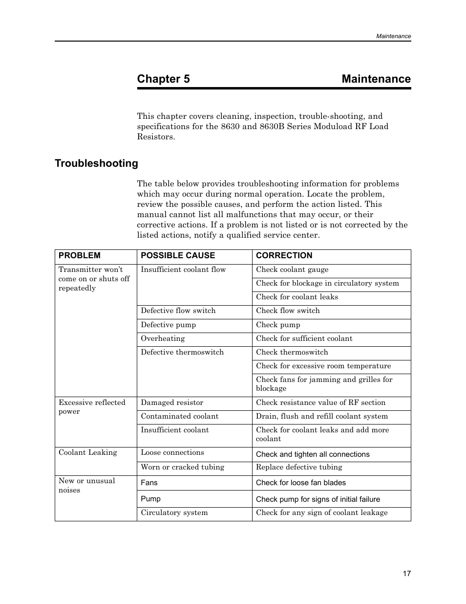 Chapter 5 maintenance, Troubleshooting, Chapter 5 - maintenance. if a | Maintenance | Bird Technologies 8630B Series User Manual | Page 33 / 62