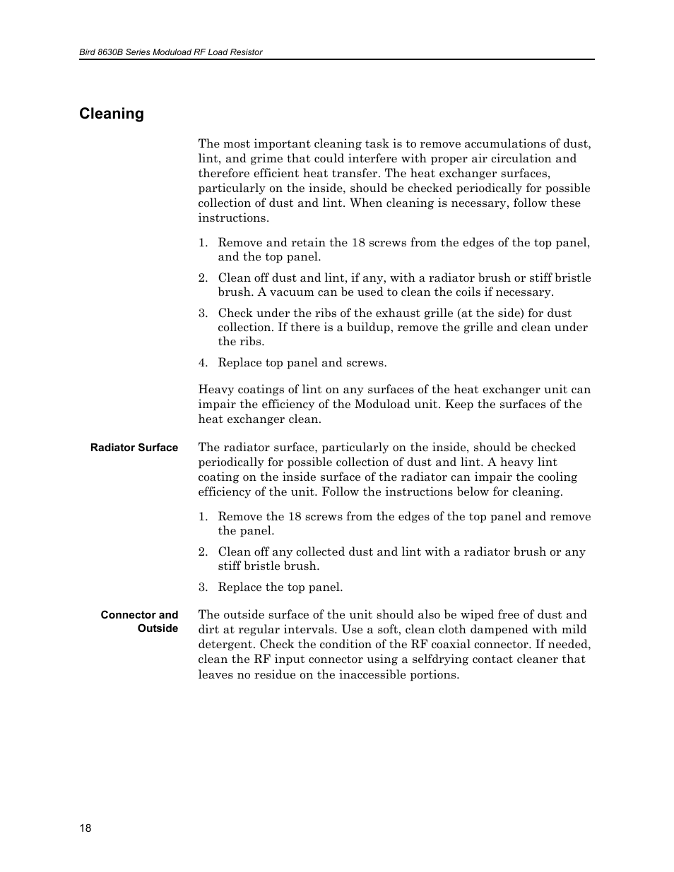 Cleaning, Radiator surface, Connector and outside | Radiator surface connector and outside | Bird Technologies 8630B Series User Manual | Page 34 / 62