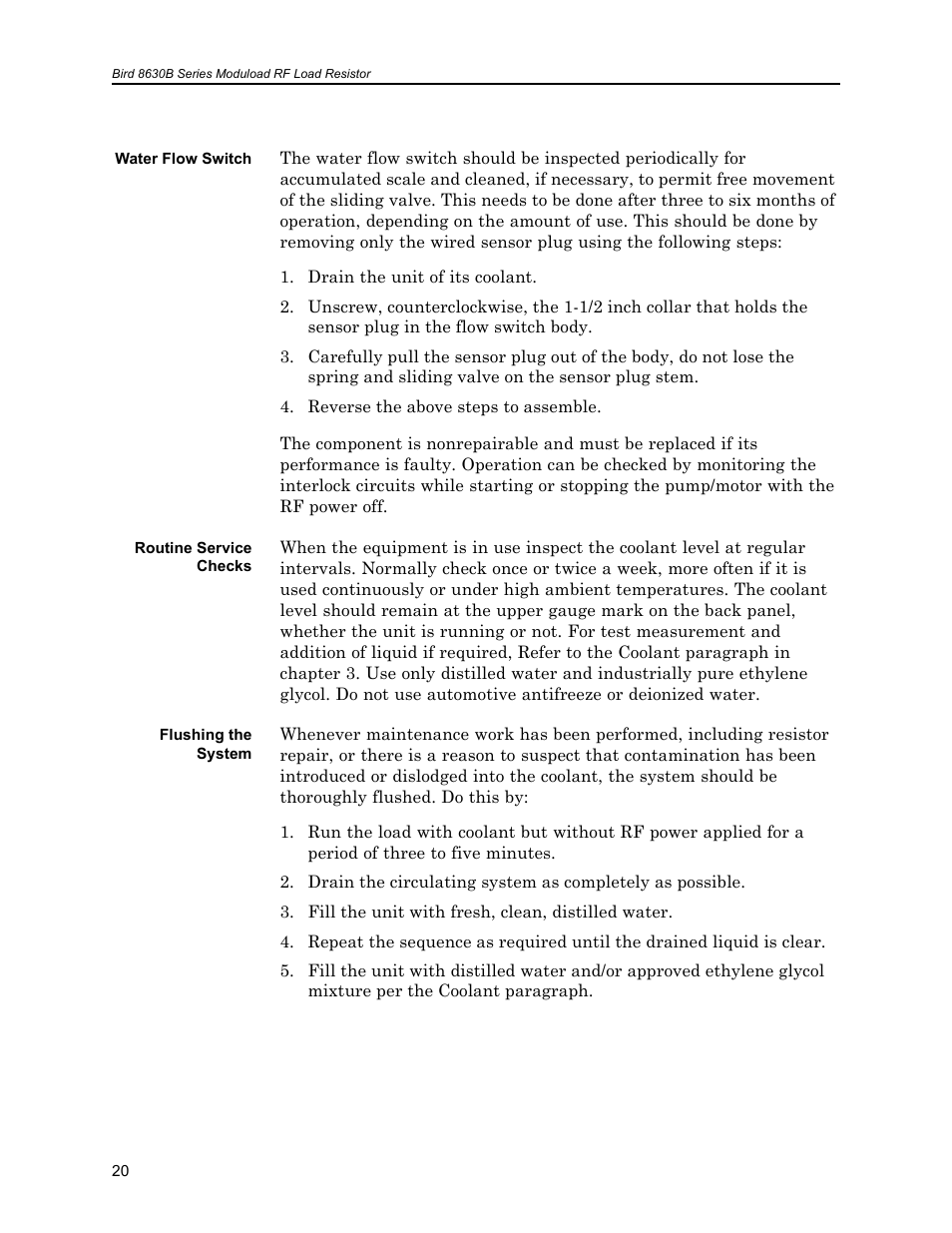 Water flow switch, Routine service checks, Flushing the system | Bird Technologies 8630B Series User Manual | Page 36 / 62