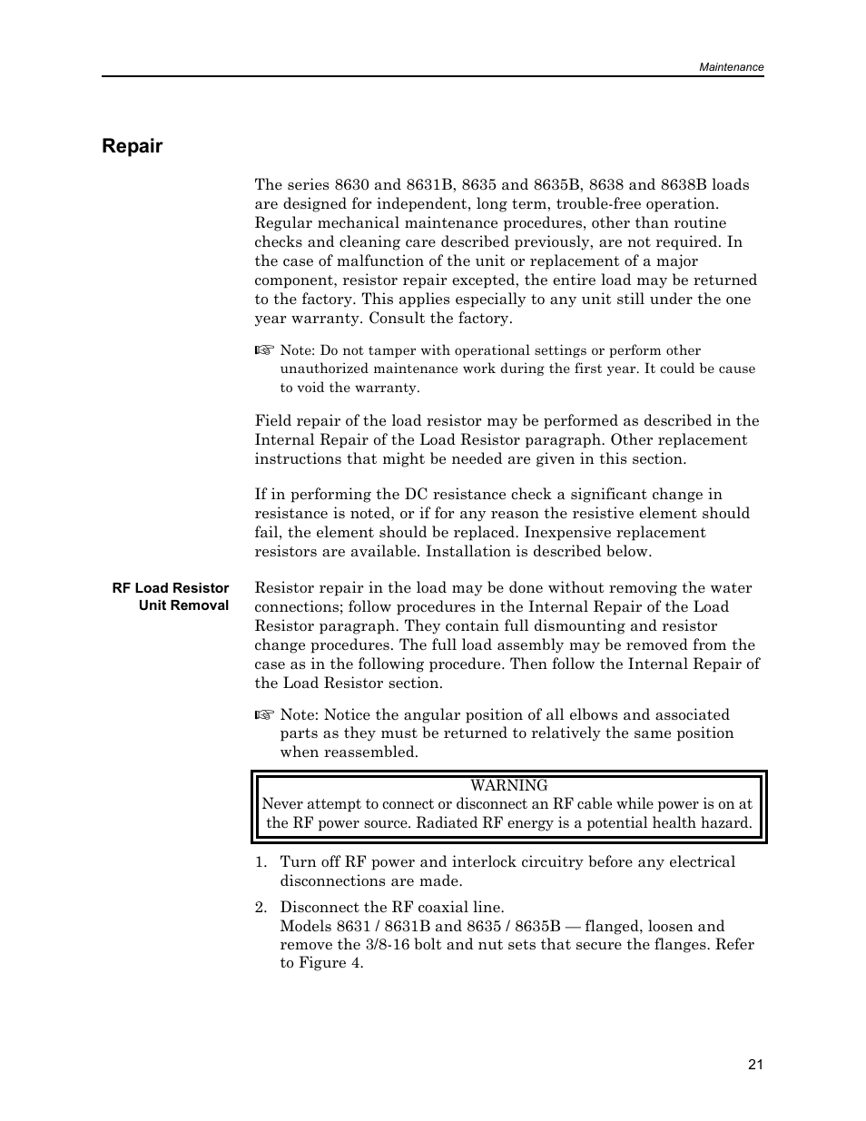 Repair, Rf load resistor unit removal | Bird Technologies 8630B Series User Manual | Page 37 / 62